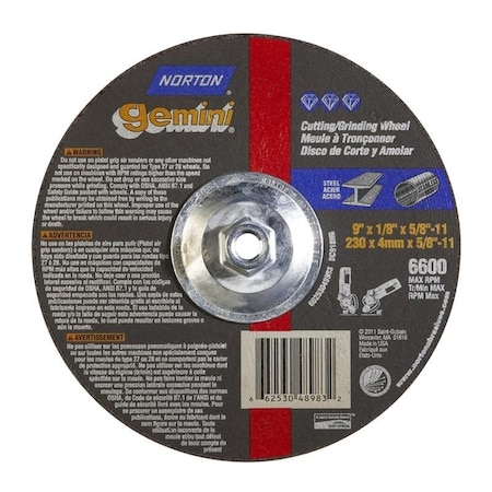 Norton Co Grinding Wheel, Depressed Cntr, Type 27 - Metal - Gemini Alu Oxide, 9 x 1/8 x 5/8-11, Max RPM: 6600 662530-48983
